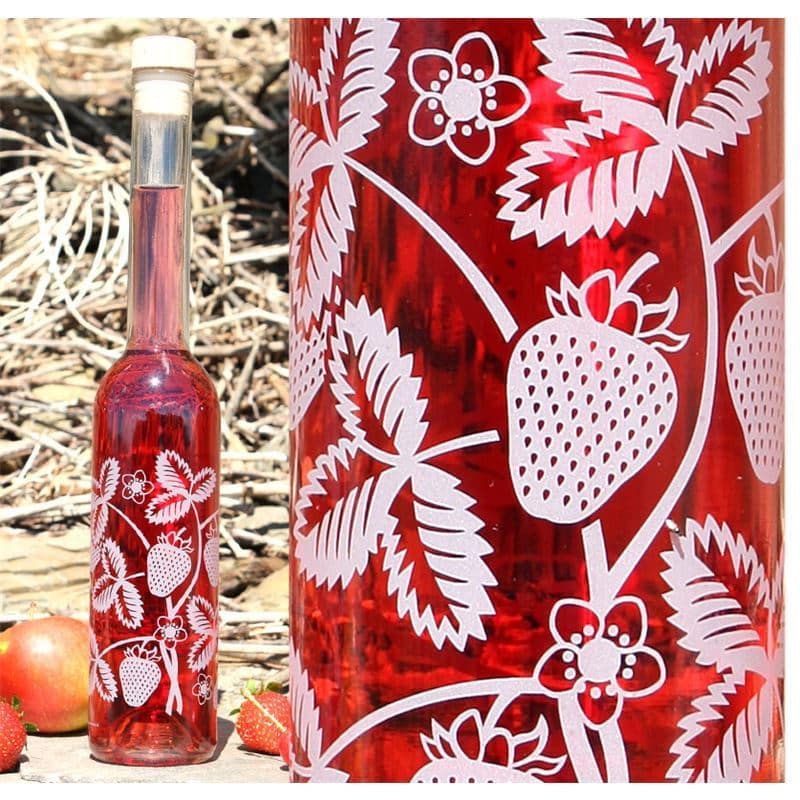 350 ml Glasflasche 'Opera', Motiv: Erdbeeren, Mündung: Kork