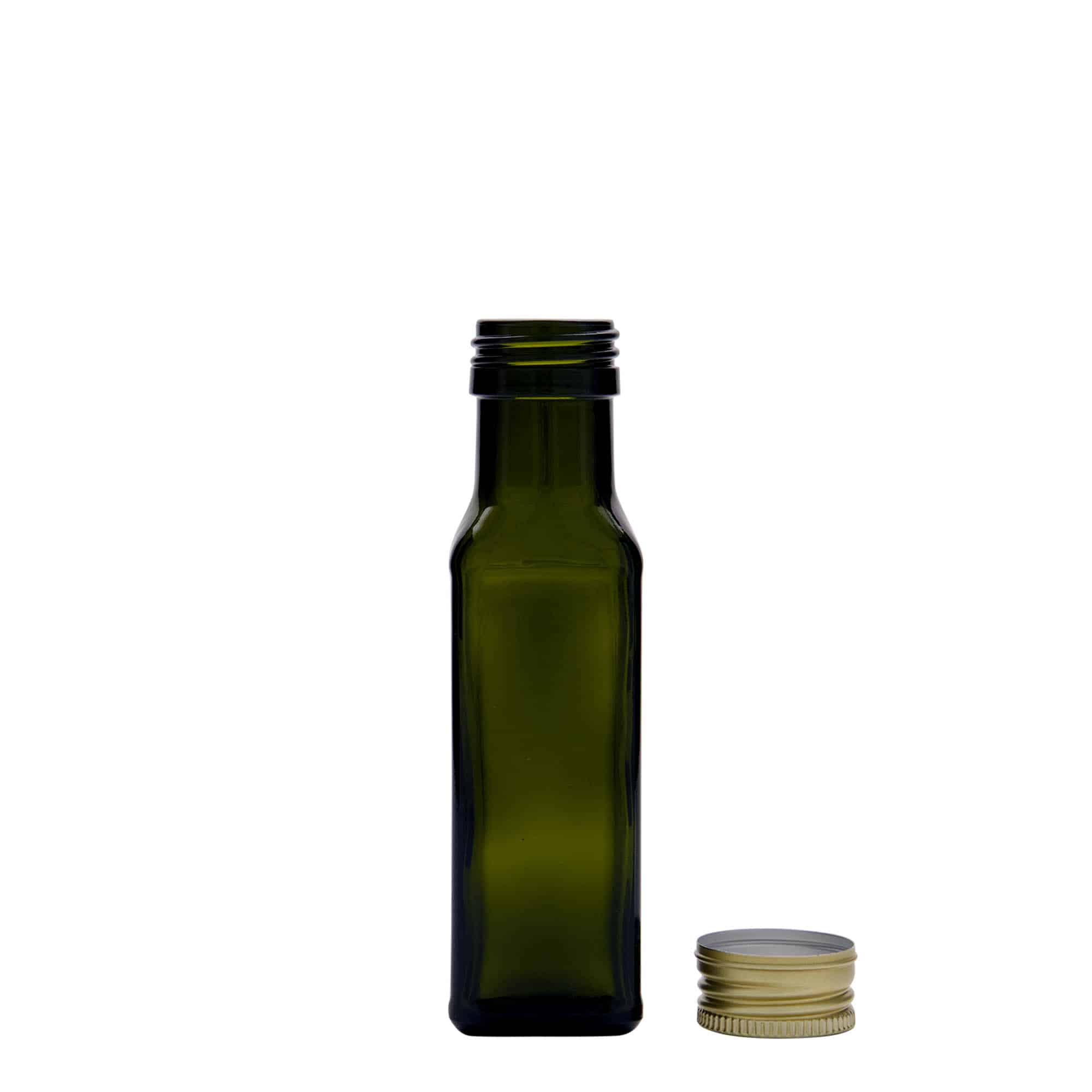100 ml Glasflasche 'Marasca', quadratisch, antikgrün, Mündung: PP 31,5