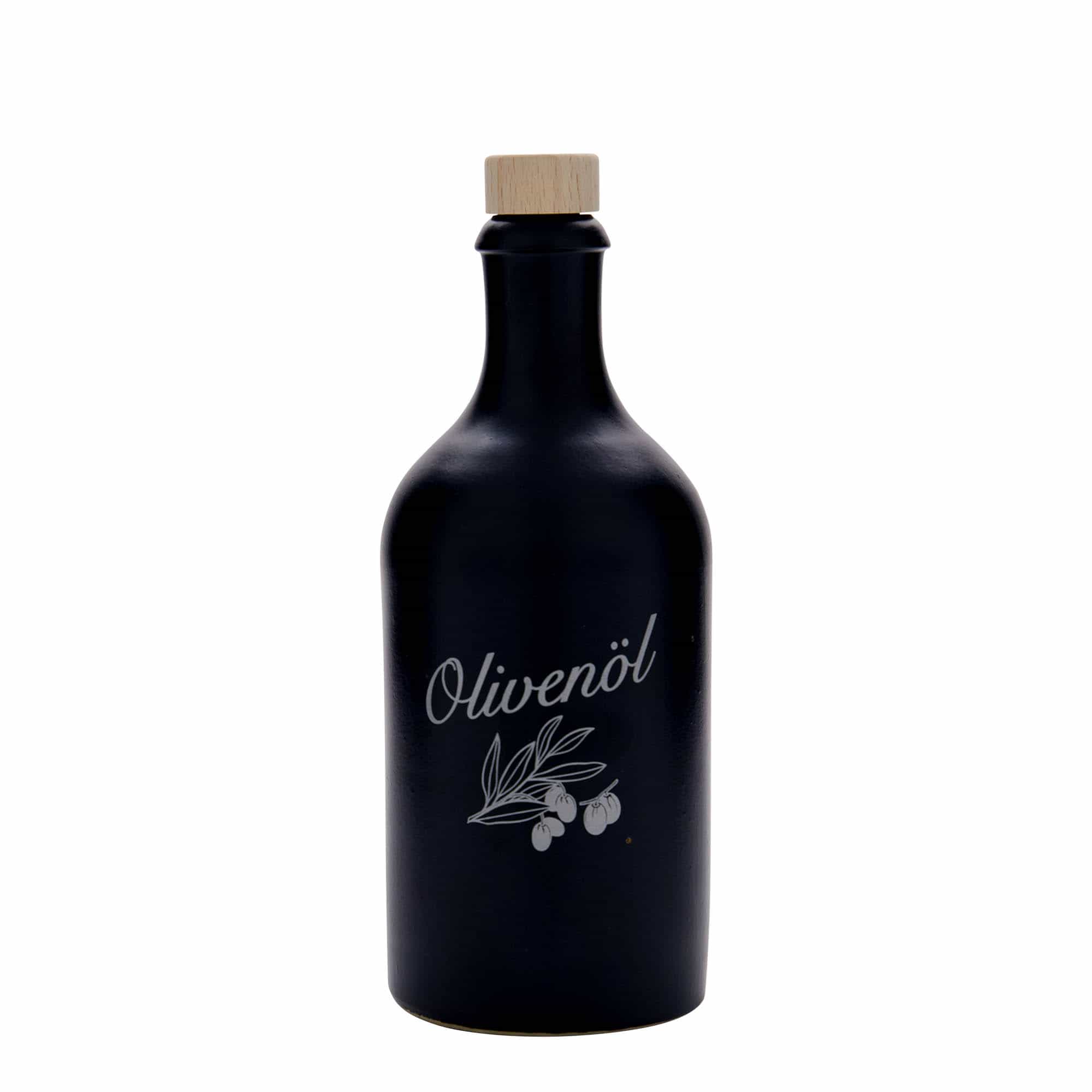 500 ml Tonkrug, Motiv: Olivenöl, Steinzeug, schwarz, Mündung: Kork
